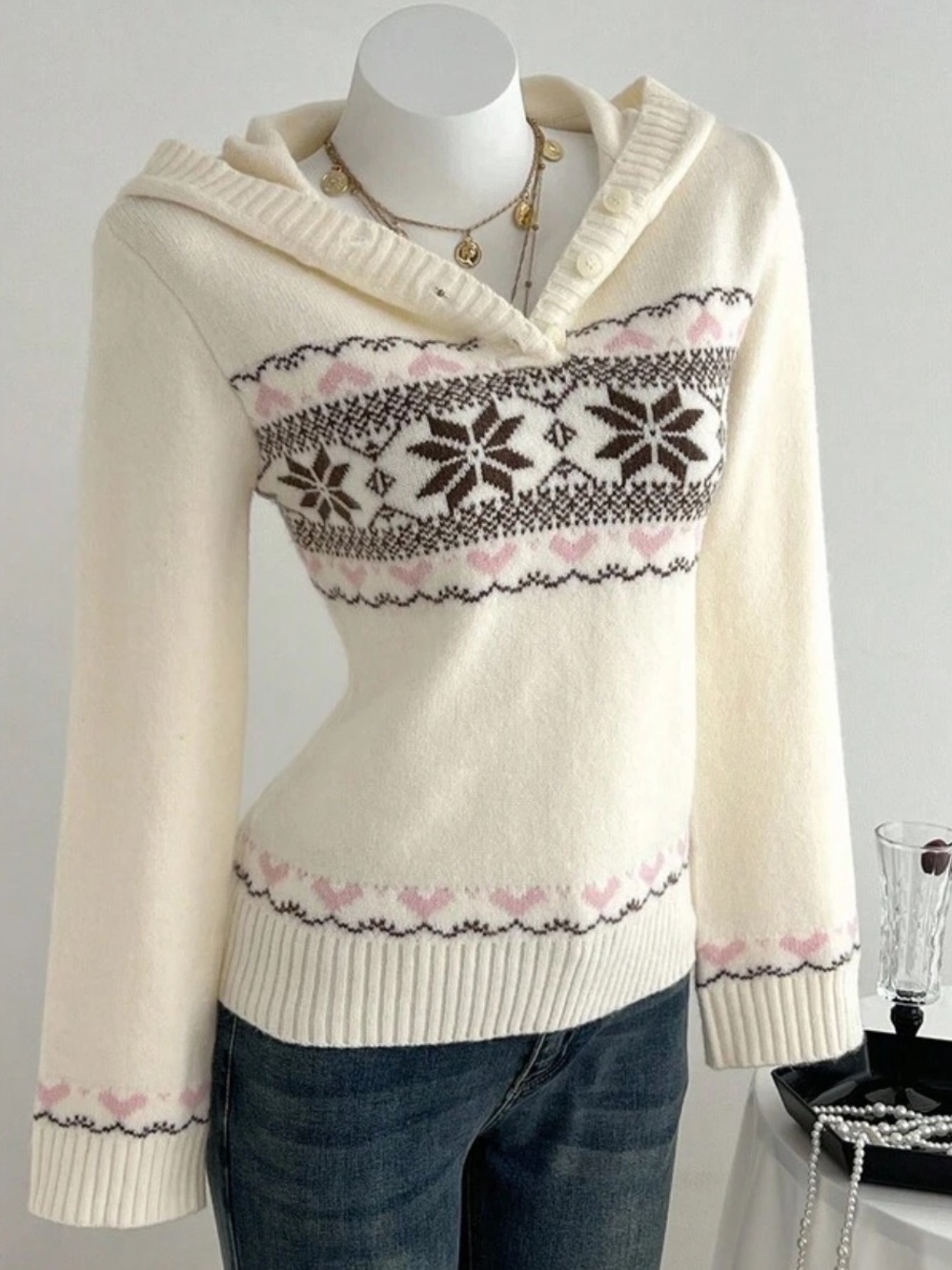 Cream Fair Isle Hooded Sweater with Pink and Brown Accents